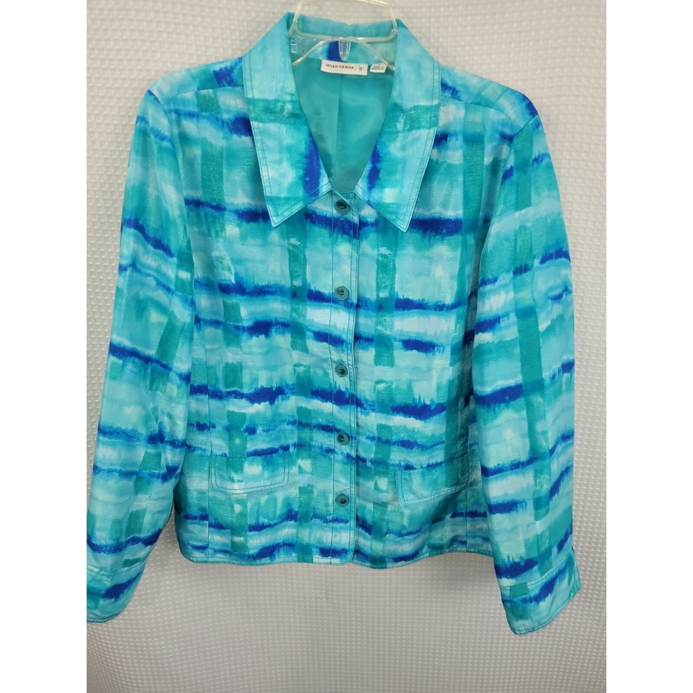 Susan Graver Multi Blue Polyester Lined Button Up Jacket Size Large